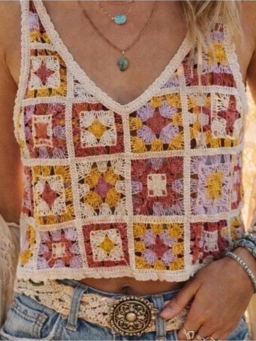Boho Crochet V-Neck Tank Top - size XS